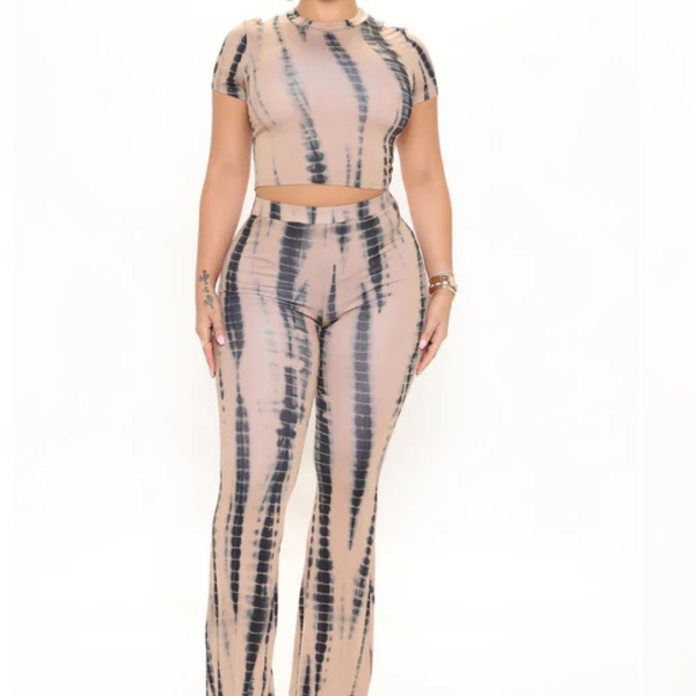 Fashion Nova Taupe and Black Tie Dye Wide Leg Pants